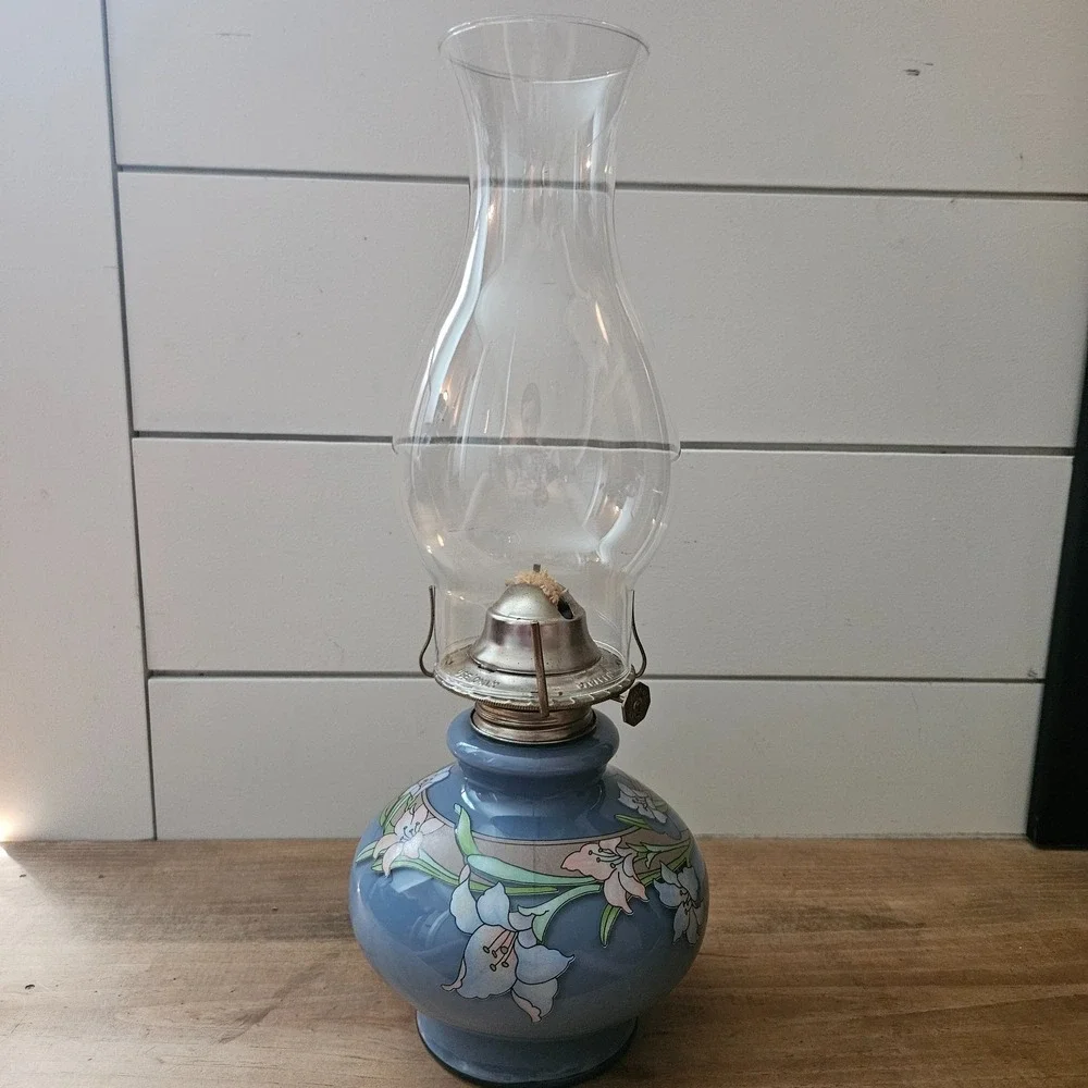 Vintage Kaadan 1980s Blue Floral Glass Oil Lamp Hurricane Lamp Tall Cottagecore
